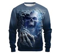 DASONLUE Sweat-shirt sans capuche pour homme 3D imprimé tête de mort - Pull d'hiver imprimé squelette - Pull de travail confortable et respirant - Pull décontracté à col rond, bleu, XXL