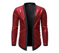 DASONLUE Veste à paillettes pour homme - Cardigan métallique brillant - Ouvert à l'avant - Veste de transition brillante - Veste d'hiver disco des années 70 - Clubwear, rouge, XL