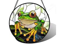 DASTOLL Vitrail à suspendre pour fenêtre, grenouille verte, pétales blancs, panneau en verre coloré, joli attrape-soleil pour anniversaire, femme, femme, tante et maman, 19,8 cm