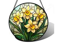 DASTOLL Vitrail à suspendre pour fenêtre, plante jonquille, fleurs, attrape-soleil, panneau en verre diamant, décoration pour anniversaire pour femme, homme, épouse, tante et maman 30 x 30 cm