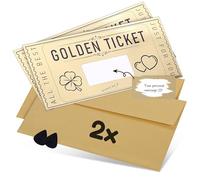 DasWas Lot de 2 Tickets Dorés - Bon Cadeau à Remplir soi-même avec autocollant à gratter - Sans gratter et cartes cadeaux à faire soi-même - Cadeau personnalisé dans une enveloppe scintillante + Outil
