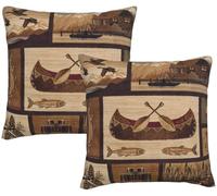 DATANSEN Lot de 2 housses de coussin carrées de 45,7 x 45,7 cm, beige rétro, motif chalet, cygne, poisson, canard, taie d'oreiller décorative en velours doux (45 x 45 cm), canoë
