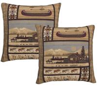 DATANSEN Lot de 2 housses de coussin carrées en velours doux avec motifs cabane en rondins, pêche à la mouche et canoë pour maison, canapé, cabane (45 x 45 cm), beige rétro
