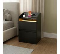 DATO Table de chevet avec éclairage LED et station de charge (2 prises CA, 2 ports USB) Table de chevet avec tiroirs Table d'appoint moderne pour salon, chambre à coucher (NS20)