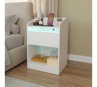 DATO Table de chevet avec éclairage LED et station de charge (2 prises CA, 2 ports USB) Table de chevet avec tiroirs Table d'appoint moderne Table de canapé pour salon, chambre à coucher (NS19)