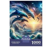 Dauphin 1000 Morceaux Papier Écologique Dolphins in Swirling Dark Blue Ocean Waves Casse-tête Amateurs Puzzle Entraînement Cérébral Niveau Difficulté Équilibré Divertissement 70x50cm/1000pcs