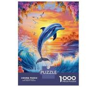Dauphin 1000 Pièces Carton Solide Puzzle Adultes Dolphin Leaping Over Orange Ocean Waves Puzzle Portable Soirée Jeux Famille Stimulant Amusant Parents-Enfants Activité 52x38cm/1000pcs