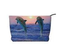 Dauphin à Gros Nez au Lever du Soleil,Trousse de Toilette en Velours côtelé, Trousse de Maquillage Portable pour Les Voyages