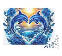Dauphin Coeur Rose Bleue Puzzle 1000 Pièces Puzzle pour Adultes Océan Crépuscule Détente Décoration Cadeau 70x50cm/1000pcs