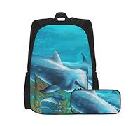 Dauphin Coral Reef Ensemble sac à dos et trousse à crayons unisexe, sac à dos multifonctionnel, deux pièces, sac à dos décontracté avec trousse à crayons pour garçons et filles