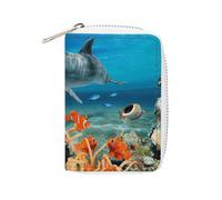 Dauphin dans le récif de corail - Porte-cartes fin et durable en cuir synthétique pour homme et femme, Bleu dauphins, 16x11.5cm