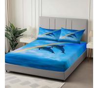 Dauphin Dessin Animé Arc Ciel Drap-Housse Imprimé Bleu Ciel, Parure De Lit Imprimé 180 x 200 cm, avec Deux Taies d'oreiller Beige Poche de 30 cm - Antidérapants Résistant aux Rides Drap Housse