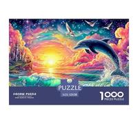 Dauphin, Pigeons, Château dans des Vagues de Coucher de Soleil éclatant Puzzle De 1000 Pièces Dolphin Élément Essentiel pour Les Soirées De Jeux en Famille, Adultes Et Enfants 52x38cm/1000pcs