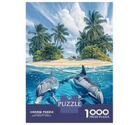 Dauphin Puzzle À 1000 Morceaux Papier Épais Two Dolphins at Tropical Palm Beach Puzzle Familial Passionnés De Casse-tête Activité Lien Familial Heures Divertissement Garanties 52x38cm/1000pcs