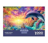 Dauphin Qui Saute près du Coucher de Soleil, Paysage coloré Puzzle De 1000 Pièces Dolphin Élément Essentiel pour Les Soirées De Jeux en Famille, Adultes Et Enfants 70x50cm/1000pcs