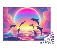 Dauphin Sautant Coucher de Soleil Puzzle 1000 Pièces Hommes Femmes Adultes Dauphins Sautant au Ciel du Coucher de Soleil Premium Robuste Vibrant Difficile Anti-Stress Cadeau Familial 70x50cm/1000pcs