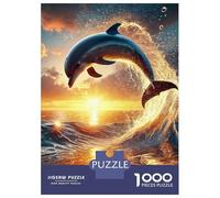 Dauphin Set De 1000 Pièces Papier Recyclé Dolphin Leaping Over Fiery Ocean Sunset Puzzle Adulte Facile À Ranger Casse-tête Engageant Heures Divertissement Activité Lien Familial 70x50cm/1000pcs