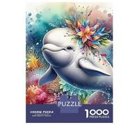 Dauphin Set De 1000 Pièces Papier Recyclé White Whale/Dolphin in Colorful Floral Ocean Puzzle Adulte Amateurs Puzzle Adultes Loisirs À La Maison Casse-tête Engageant Facile Ranger 70x50cm/1000p