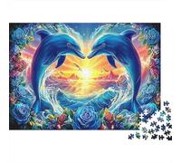 Dauphins Arc-en-Ciel Carton Dauphins Formant Un cœur dans l’océan Puzzle Premium pour Seniors Entraînement cérébral 38x26cm/1000 pièces