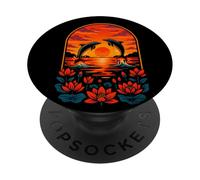 Dauphins au Coucher du Soleil avec Fleurs de Lotus, océan Nature Art PopSockets PopGrip Adhésif