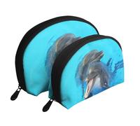 Dauphins au Visage Souriant imprimé, Trousse de Maquillage Coquille Femme Petit Porte-Monnaie Trousse de Toilette Trousse à cosmétiques 2 pièces