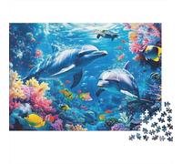 Dauphins baignade Corail Puzzle 1000 Pièces Carton Épais pour Enfants, Puzzle Relaxation Mentale, Amusement Pause Bureau, Puzzle Le pour La Famille 38x26cm/1000pcs