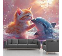 Dauphins Chats Baiser Piscine Film Stickers Muraux Autocollant Abstrait Mignon Animaux Papier Peint, Mer Arc-en-ciel Mural pour Salon Chambre Décoratif Papier Pour Meuble Stickers Muraux 366 x 254 cm