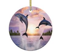 Dauphins coucher de soleil - Décoration ronde en céramique de Noël avec ficelle dorée, décoration de vacances personnalisée pour la maison, la vente au détail, le mariage.