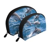 Dauphins dans la mer, Trousse de Maquillage Coquille Femme Petit Porte-Monnaie Trousse de Toilette Trousse à cosmétiques 2 pièces