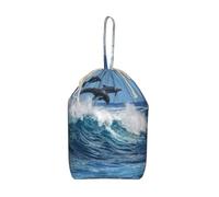 Dauphins des vagues de l'océan， Sac à linge pliable à cordon de grande capacité pour vêtements sales, résistant et durable.