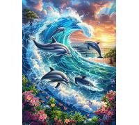 Dauphins nageant dans l'océan Waves 1000 Pièces Puzzle Collectionneur En Carton Rigide Sans Déformation Rêve magique de science-fiction Haute Difficulté Niveau Expert Décoration Murale Cadeau Fête 100
