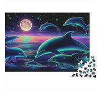 Dauphins néon 1000 Pieces Extra-Thick Cardboard Dolphin Moon Art Jigsaw Puzzle Set Adult Stress Relief Educational Game Gift for Adult Collectors 70x50cm/1000pcs