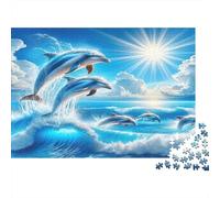 Dauphins sautant dans la mer ensoleillée Puzzle 1000 Pièces Papier recyclé pour Adultes Puzzle pour Adultes Jeu Difficile et Stimulant pour créativité et offres de Cadeaux 70x50cm/1000pcs