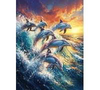 Dauphins sautant dans l'océan au coucher du soleil 500 Pièces Puzzle Pour Ado En Carton Anti-Déchirure Haute Densité Faune sauvage et animaux de compagnie Facile Débutant Jeu De Société Idée Cadeau An