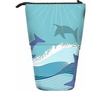 Dauphins Télescopique Crayon Papeterie Trousse Stylos Boîte De Rangement avec Fermeture Éclair pour Femmes Hommes Garçons Filles Bleu Mer Ciel Marsouin Poisson Tropical Océan Vague Écume