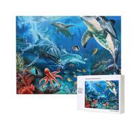 Dauphins Tortue de mer Récif de Corail Imprimé Intelligence Puzzle en bois 52 x 38 cm - 500 pièces (boîte) - Puzzle éducatif pour adultes - Décoration de la maison
