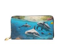 Dauphins Tortue de mer Requin Pieuvre Corail Imprimé Téléphone Portable Carte de Crédit Argent Portefeuille Portefeuille en Cuir Femme Carte Portefeuille Poche à Fermeture Éclair, Noir, Taille Unique