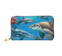 Dauphins Tortue de mer, requin, pieuvre, récif corallien, imprimé pour téléphone portable, carte de crédit, argent, portefeuille en cuir pour femme, poche zippée, noir, taille unique, Noir/blanc, One