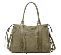 David Jones - Grand Sac à Main Femme Cabas Fourre-Tout XL Suède Daim, Cours Lycée Travail Format A4, Nubuck Irisé Clou Vintage, Kaki