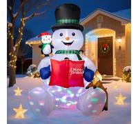Dawdix Bonhomme de neige gonflable de Noël de 2,1 m avec LED, pingouin et renne, décoration extérieure gonflable, bonhomme de neige mignon tenant un livre, décoration de vacances de Noël pour