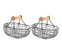 Daweglop Lot de 2 paniers en métal avec poignée en bois pour légumes, fruits, œufs, courses, panier de rangement pratique Noir