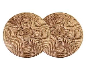 DAWN FLAME Lot de 2 Sets de Table en Rotin Naturel Tissé à la Main Coussin Résistant à la Chaleur Trépied(Rond 35x35cm), Marron Miel.