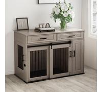 DAWNYIELD Cage Meuble pour Chien avec Placard de Rangement, Grise | Chenil en bois style meuble avec 2 tiroirs, portes coulissantes et latérale, Maison pour animal domestique pour intérieur