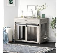 DAWNYIELD Caisse pour Chien, Caisse pour Animaux de Style Meuble avec Portes Coulissantes, Niche D'intérieur en Bois avec Tiroir, Maison pour Chien avec Gamelle Pivotante à 360°, Gris