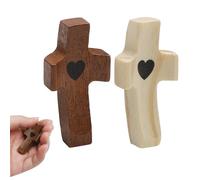 DAWRIS Lot de 4 petites croix en bois sculptées à la main - En bois sculpté à la main - En forme de cœur - Pour soulager le stress - Prière de dévotion - Baptême