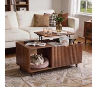 DAWYNIELD Table Basse avec Plateau Relevable, Design Canelé - Rangement Caché et Tiroir, Table en Bois avec Clayette, Table de Salle à Manger Gain de Place pour Salon, 100 x 50 x 46,5cm, Coloris Chêne