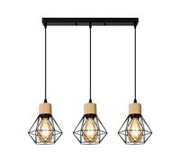 DAXGD 3 Lampes Suspension Luminaire Industrielle, Vintage E27 Luminaire Suspension Lustre Abat-jour en Métal et Bois, Lampe de Plafond E27 pour Salon Cuisine Chambre Salle à Manger, Noir