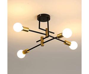 DAXGD Lustre Sputnik E27, 4 Lumières Plafonnier Industriel en Metal, E27 Lampe de Plafond Chandelier Vintage pour Salle à manger, Chambre, Cuisine, Couloir, Noir+Or, Diamètre 70CM (Sans Ampoule)