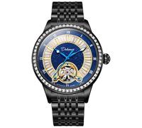 DAXIAOYU Élégante montre mécanique automatique à tourbillon creux pour homme avec cadran bleu lumineux et étanche en acier inoxydable, noir/doré, Luxe :