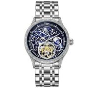 DAXIAOYU Montre mécanique à tourbillon lumineux avec ciel étoilé brillant en acier inoxydable et bracelet en cuir véritable pour homme, Cuir bleu, Luxe :